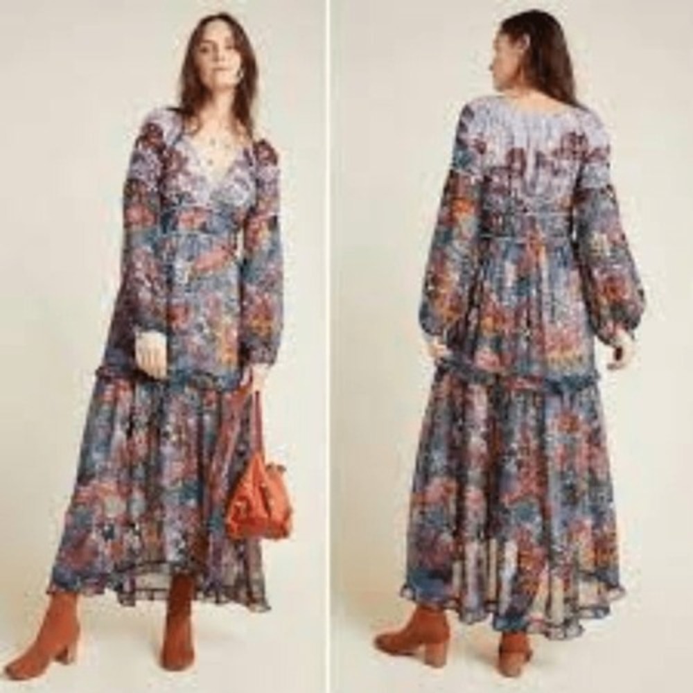 Anthropologie Maeve Annabella Floral Tiered Boho Maxi Dress V-Neck Long Sleeve